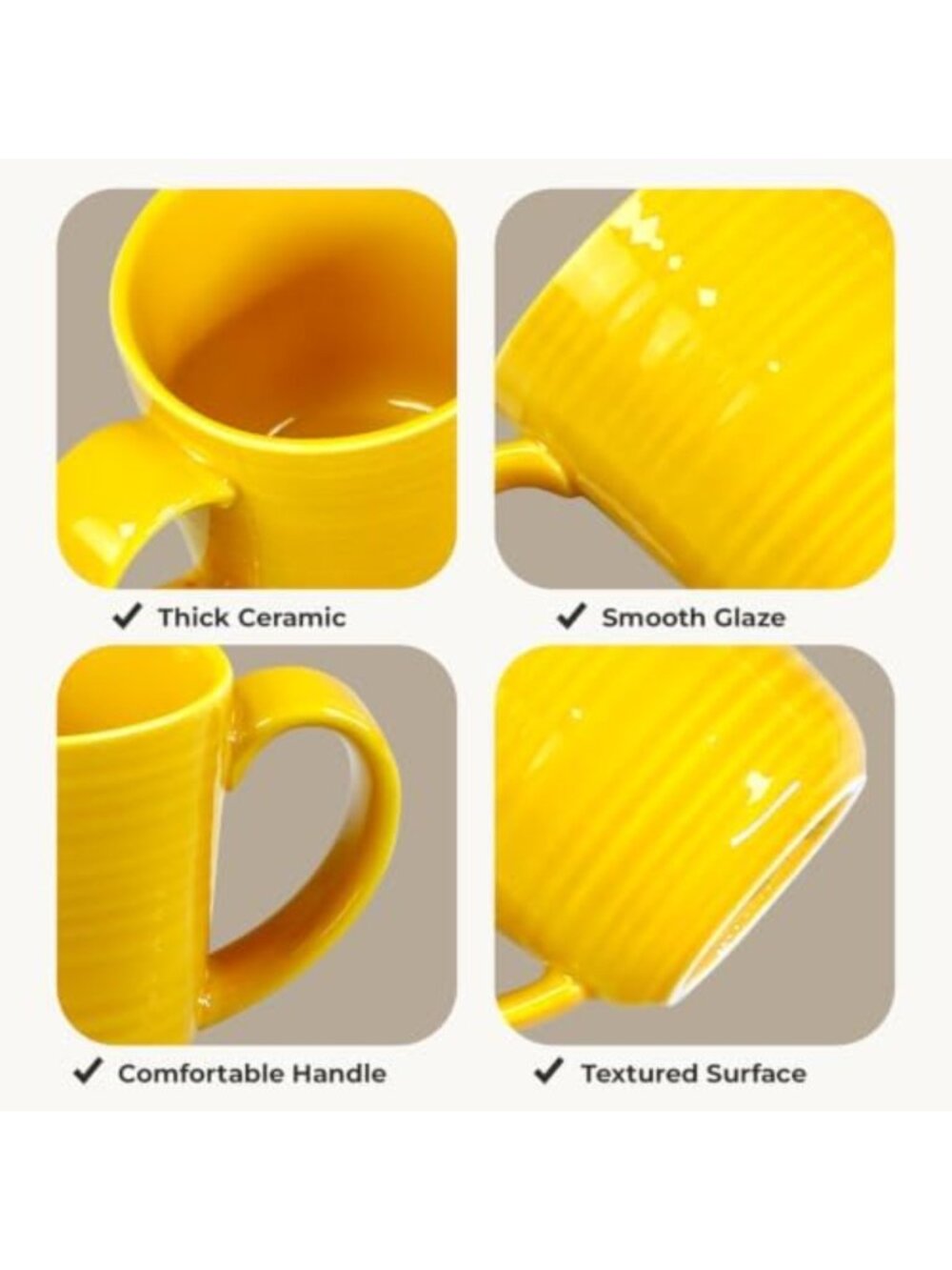 Set of 4 Glossy Yellow Ceramic Coffee Mugs, 12 oz Ribbed, Stackable, Dishwasher - Picture 5 of 6